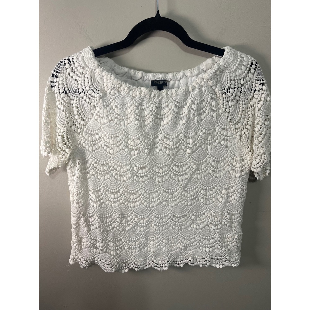 Talbots Petites White Scalloped Lace Crochet Short Sleeve Blouse Top LP